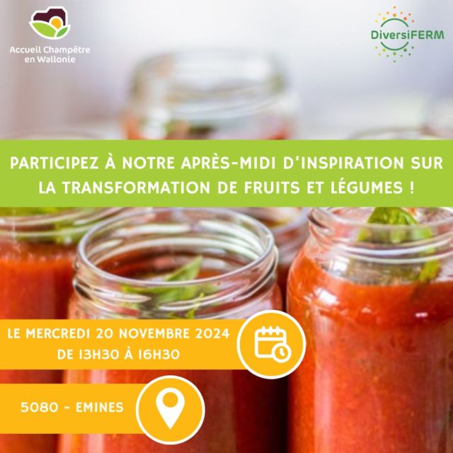 📆 🍅 𝐍'𝐨𝐮𝐛𝐥𝐢𝐞𝐳 𝐩𝐚𝐬 𝐝𝐞 𝐯𝐨𝐮𝐬 𝐢𝐧𝐬𝐜𝐫𝐢𝐫𝐞 𝐩𝐨𝐮𝐫 𝐮𝐧𝐞 𝗮𝗽𝗿è𝘀-𝗺𝗶𝗱𝗶 𝗱'𝗶𝗻𝘀𝗽𝗶𝗿𝗮𝘁𝗶𝗼𝗻 𝘀𝘂𝗿 𝗹𝗮 𝘁𝗿𝗮𝗻𝘀𝗳𝗼𝗿𝗺𝗮𝘁𝗶𝗼𝗻 𝗱𝗲 𝗳𝗿𝘂𝗶𝘁𝘀 𝗲𝘁 𝗹é𝗴𝘂𝗺𝗲𝘀 ! 🍅📆

Vous avez un projet de transformation de fruits et légumes ou vous êtes actuellement en pleine réflexion ? 😊😁 𝐀𝐥𝐨𝐫𝐬 𝐩𝐚𝐫𝐭𝐢𝐜𝐢𝐩𝐞𝐳 à 𝐧𝐨𝐭𝐫𝐞 𝐫𝐞𝐧𝐝𝐞𝐳-𝐯𝐨𝐮𝐬 𝐜𝐞 𝟐𝟎 𝐧𝐨𝐯𝐞𝐦𝐛𝐫𝐞 𝟐𝟎𝟐𝟒 𝐩𝐨𝐮𝐫 𝐮𝐧𝐞 𝐚𝐩𝐫è𝐬-𝐦𝐢𝐝𝐢 𝐫𝐢𝐜𝐡𝐞 𝐞𝐧 𝐩𝐚𝐫𝐭𝐚𝐠𝐞 𝐞𝐭 𝐝é𝐜𝐨𝐮𝐯𝐞𝐫𝐭𝐞 ! 😄
🌽🍓Vous aurez l'opportunité d'écouter 𝐝𝐞𝐬 𝐭é𝐦𝐨𝐢𝐠𝐧𝐚𝐠𝐞𝐬 𝐢𝐧𝐬𝐩𝐢𝐫𝐚𝐧𝐭𝐬 et de 𝐝é𝐜𝐨𝐮𝐯𝐫𝐢𝐫 𝐝𝐞𝐬 𝐩𝐚𝐫𝐜𝐨𝐮𝐫𝐬 enrichissants de transformateurs réalisant des conserves artisanales de fruits et légumes. 

📢 Ils vous partageront leurs expériences, leurs réussites, mais aussi les défis rencontrés. Ces échanges seront une source de motivation et de conseils précieux pour votre projet !

Découvrez nos intervenants !
👤 𝐅𝐞𝐫𝐦𝐞𝐬 𝐝𝐞 𝐁𝐞́𝐫𝐢𝐧𝐞𝐬 - 𝐉𝐮𝐥𝐢𝐞𝐧 𝐓𝐚𝐧𝐬 (𝐩𝐫𝐨𝐝𝐮𝐜𝐭𝐞𝐮𝐫-𝐭𝐫𝐚𝐧𝐬𝐟𝐨𝐫𝐦𝐚𝐭𝐞𝐮𝐫)
👤 𝐌𝐚𝐫𝐦𝐞𝐥𝐥𝐢𝐧𝐨 - 𝐓𝐡𝐢𝐛𝐚𝐮𝐭 𝐌𝐚𝐚𝐫𝐭𝐞𝐧 (𝐚𝐫𝐭𝐢𝐬𝐚𝐧 𝐭𝐫𝐚𝐧𝐬𝐟𝐨𝐫𝐦𝐚𝐭𝐞𝐮𝐫)

Que vous soyez déjà en activité ou simplement curieux, cette rencontre vous donnera des idées, des conseils pratiques et une bonne dose de motivation pour vos propres projets ! 💡

📅 𝐐𝐮𝐚𝐧𝐝 ? Le mercredi 20 novembre 2024 | De 13h30 à 16h30
📍 𝐎ù ? Centre Culturel, Place Serge Dauginet, 1 à 5080 EMINES
💻 𝐈𝐧𝐬𝐜𝐫𝐢𝐩𝐭𝐢𝐨𝐧 𝐠𝐫𝐚𝐭𝐮𝐢𝐭𝐞 : https://tinyurl.com/yc4m6vxv
🗓 𝐂𝐥ô𝐭𝐮𝐫𝐞 𝐝𝐞𝐬 𝐢𝐧𝐬𝐜𝐫𝐢𝐩𝐭𝐢𝐨𝐧𝐬 le 15 novembre 2024
🎯 𝐍𝐞 𝐫𝐚𝐭𝐞𝐳 𝐩𝐚𝐬 𝐜𝐞𝐭𝐭𝐞 𝐨𝐩𝐩𝐨𝐫𝐭𝐮𝐧𝐢𝐭é pour approfondir vos connaissances et échanger avec des experts ! 🍏🥕😃

A bientôt ! 👋
